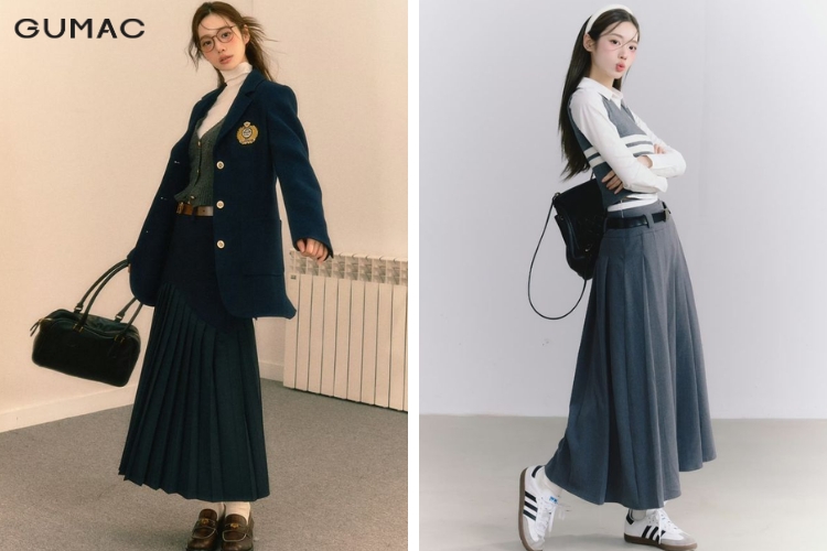 Kiểu váy thân dưới dài dập ly phối đai